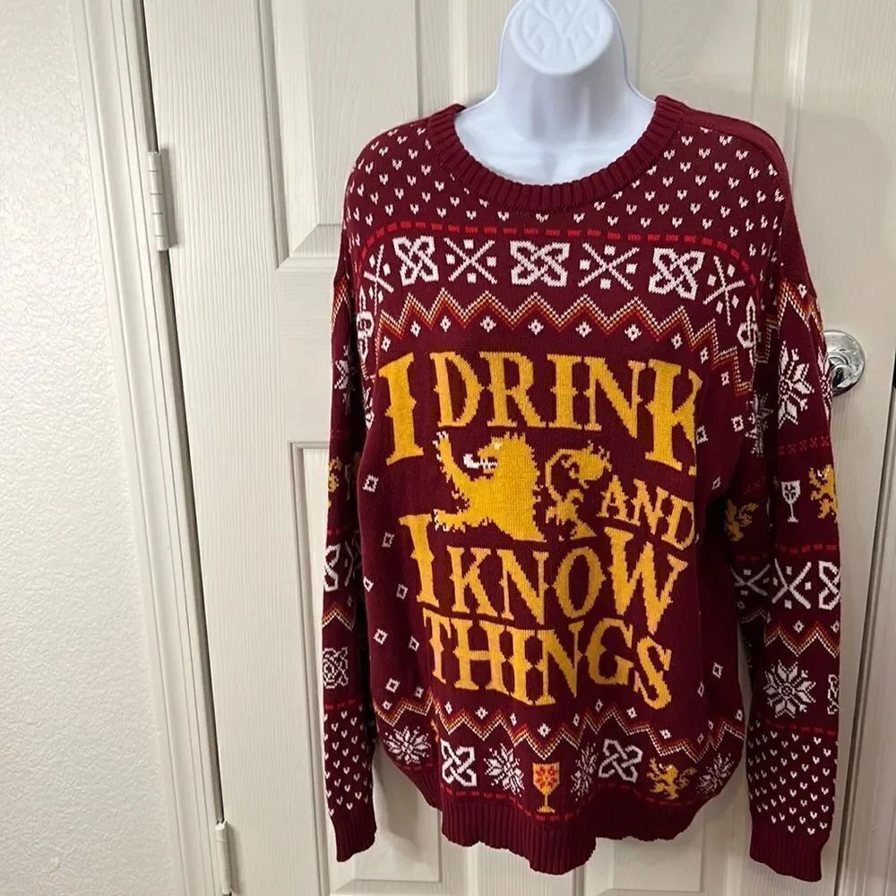 Game Of Thrones XL Ugly Christmas Sweater HBO I Drink And I Know Things Gold Red